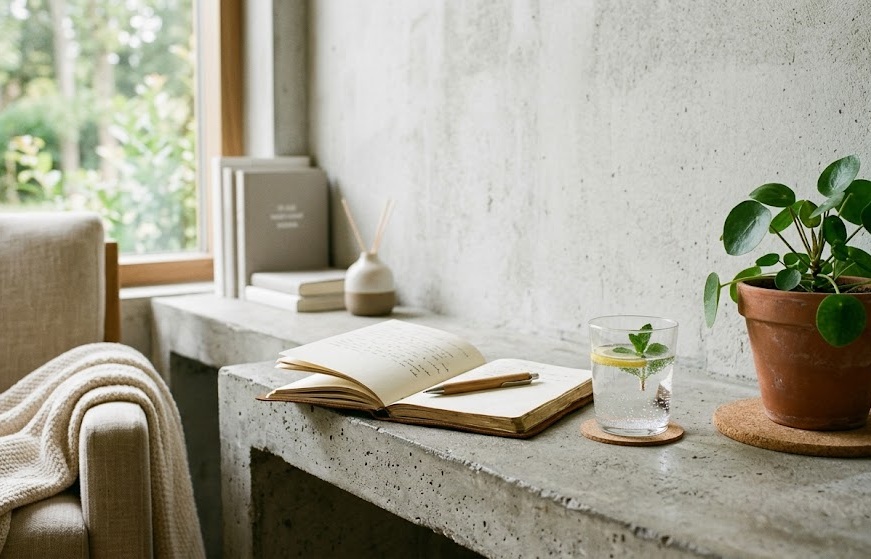 Rincón tranquilo con un cuaderno, una taza y una pequeña planta sobre una estantería de hormigón