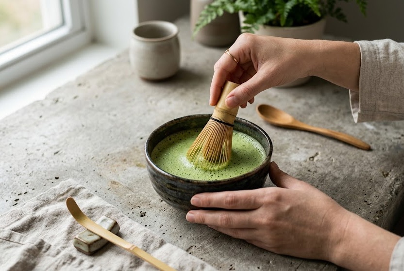 Preparación de matcha con batidor de bambú y cuenco de cerámica sobre superficie de hormigón