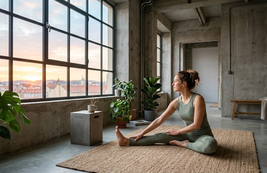 Persona haciendo estiramientos suaves junto a una ventana con luz de amanecer